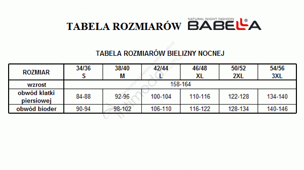Tabela rozmiarów Babella Piżama Lucy Bordowa (miseczki usztywniane)