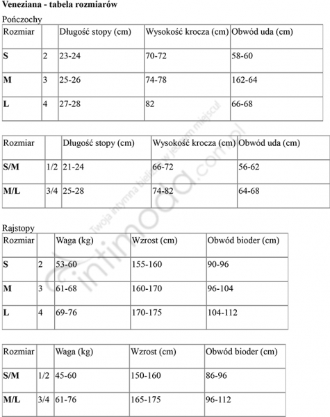 Tabela rozmiarów Veneziana Pończochy Mercedes