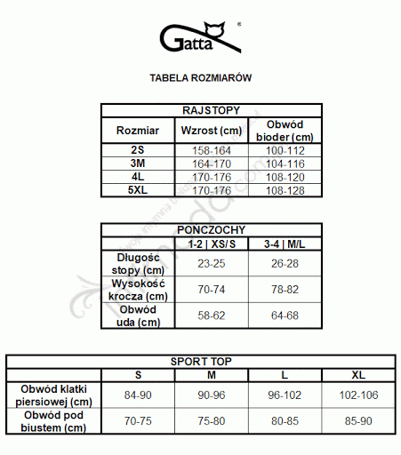 Tabela rozmiarów Gatta Rajstopy Arrow 01 Nero