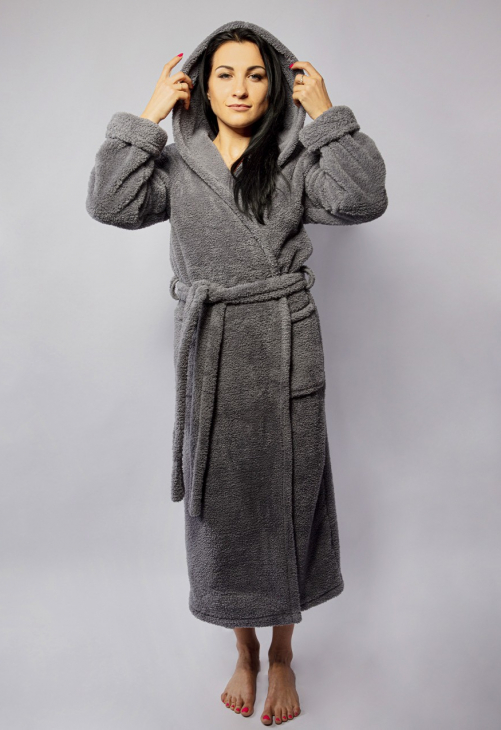 Szlafrok damski długi Dkaren Diana Puch szary | Podomka z kapturem