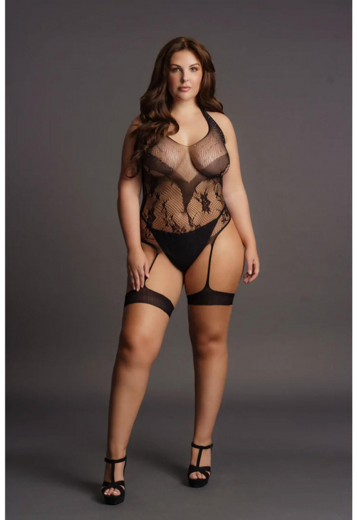 Le Désir Crotchless Rhinestone Halter Teddy - Plus Size