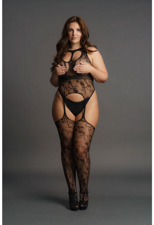 Le Désir Lace Suspender Bodystocking with Round Neck - Plus Size