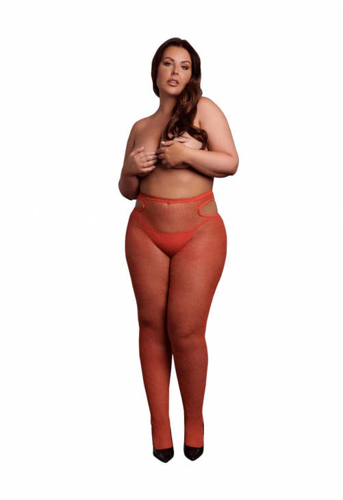 Le Désir Shimmering Cut-Out Tights - Plus Size - Red/Gold Glitter