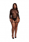 Le Désir Shimmering Open-Back Bodysuit with PU Leather Garters - Plus Size - Black/Gold Glitter