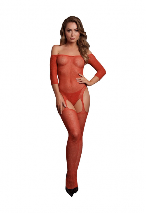Le Désir Shimmering Off the Shoulder Bodystocking - One Size - Red/Gold Glitter
