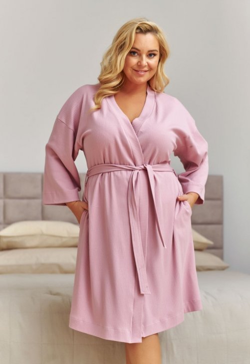 Doctor Nap Różowy szlafrok damski z prążkowanej bawełny plus size SWW.7469