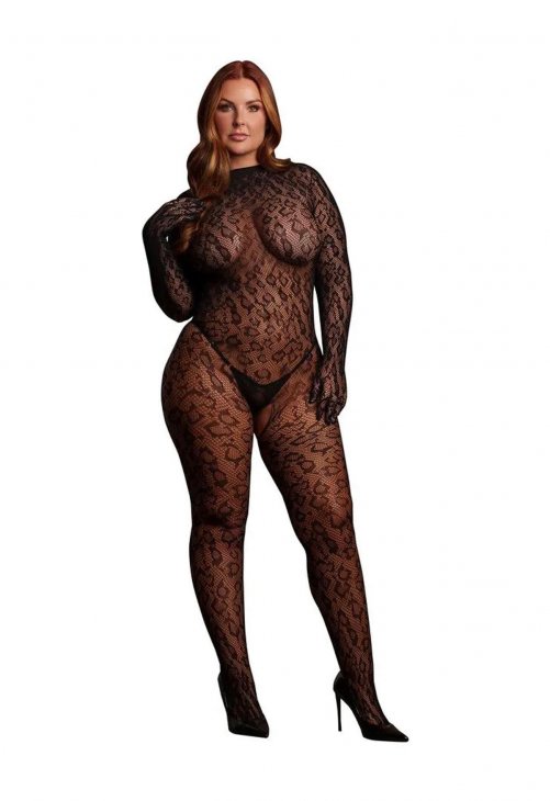 Le Désir Roxy - Leopard Open Knit Cat Suit - Size - Black