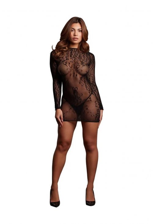 Le Désir Roxy - Sexy Leopard Mesh Cheeky Dress - One Size - Black
