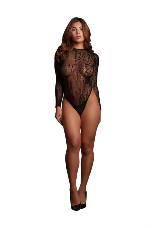 Le Désir Roxy - Sexy Leopard Mesh Crotchless Bodysuit - One Size - Black
