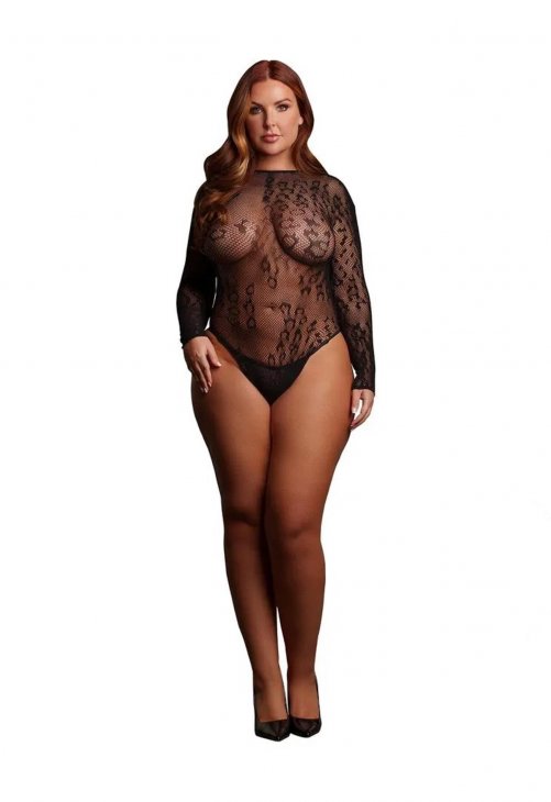 Le Désir Roxy - Sexy Leopard Mesh Crotchless Bodysuit - Size - Black