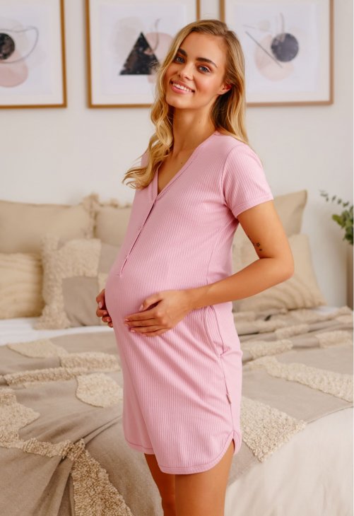 Doctor Nap Różowa koszula nocna z prążkowanej bawełny TM.4542