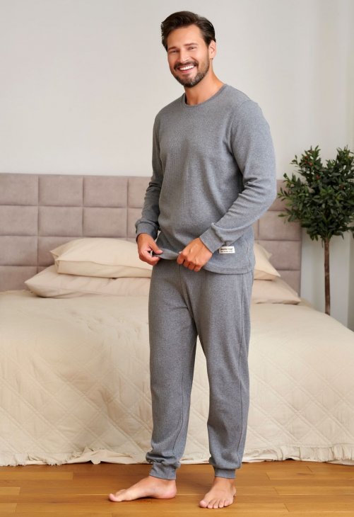 Prążkowana piżama męska z długim rękawem Doctor Nap PMB.7568 szara